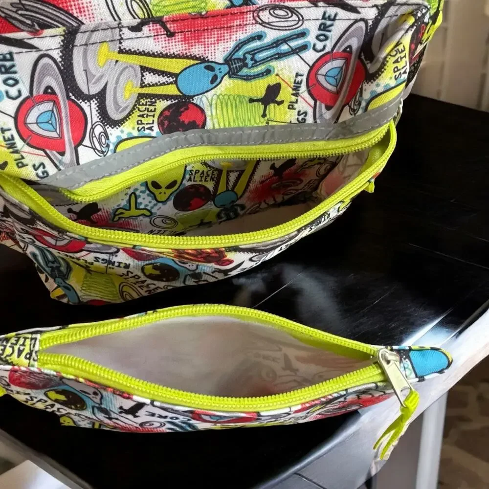 Space Alien Backpack Matching Pouch Neon UFO Outer Space Reflective Spaceman